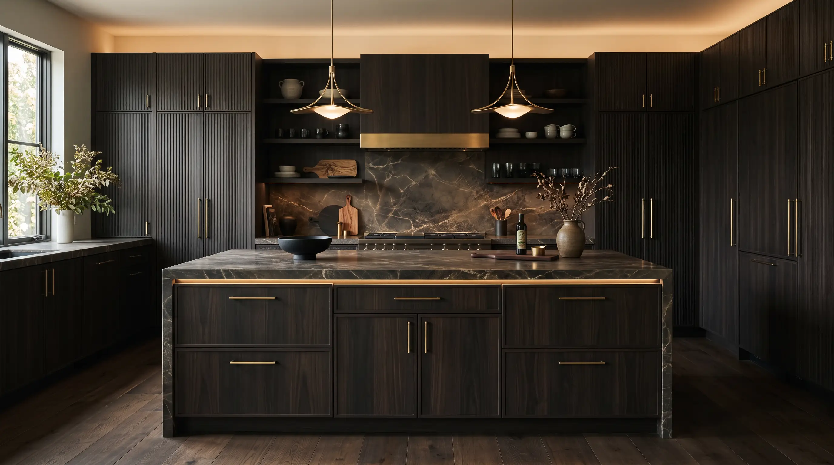 Dark walnut kitchen with a marble island and brass pendant lights