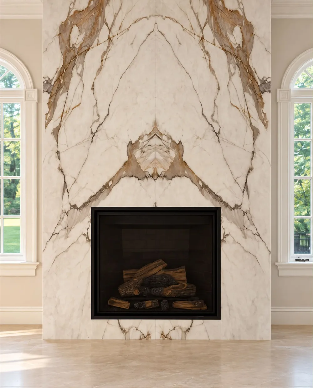 Marble slab fireplace surround with gold veining between arched windows