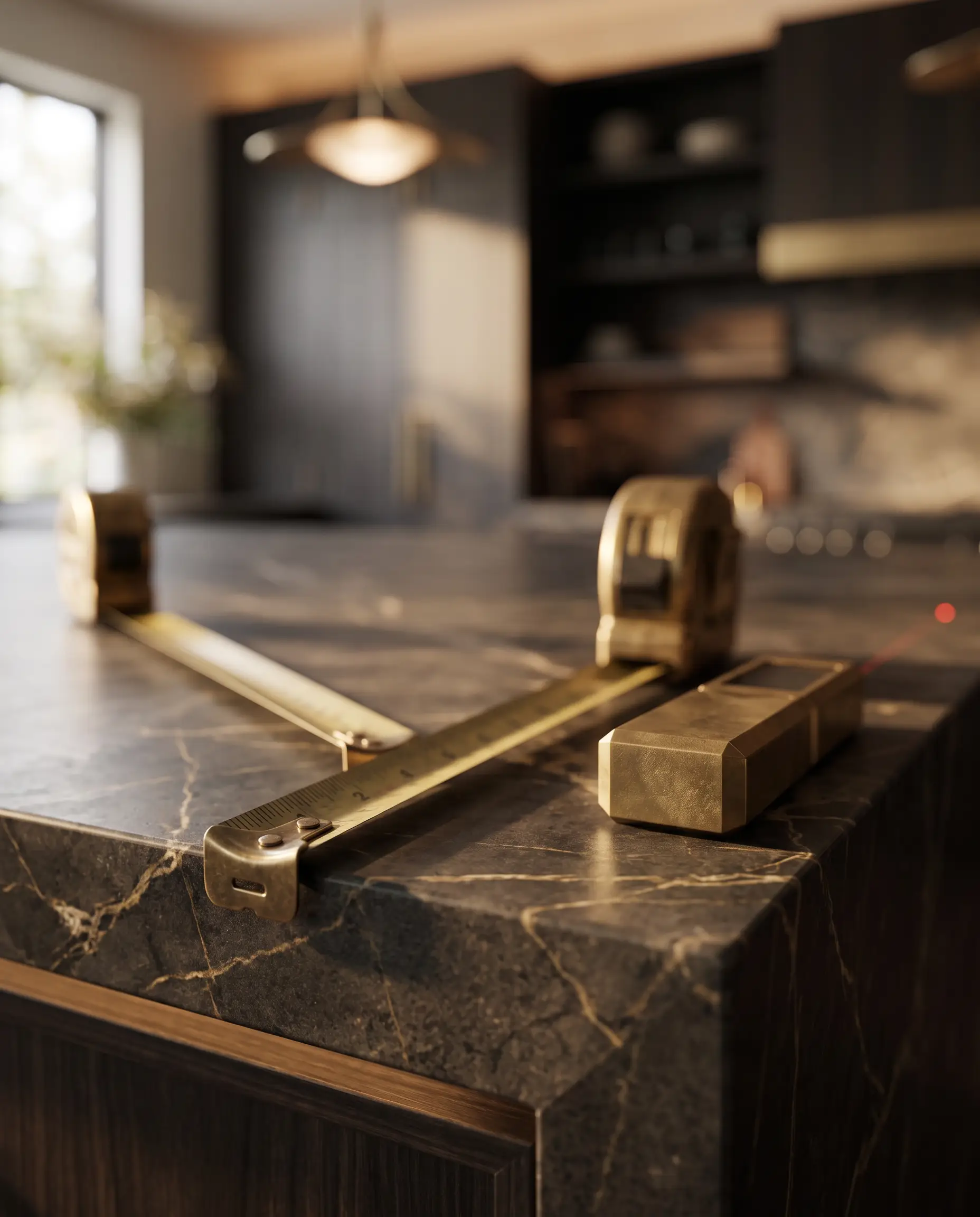 Brass tape measure on a marble counter edge